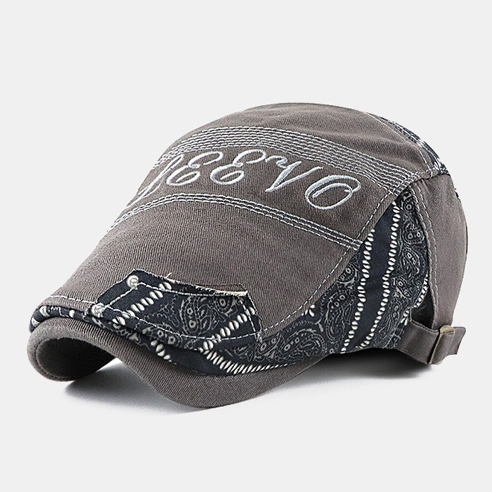Men Big Brim Letter Embroidery Stitching Forward Hat Ethnic Adjustable Breathable Beret Flat Cap Dri