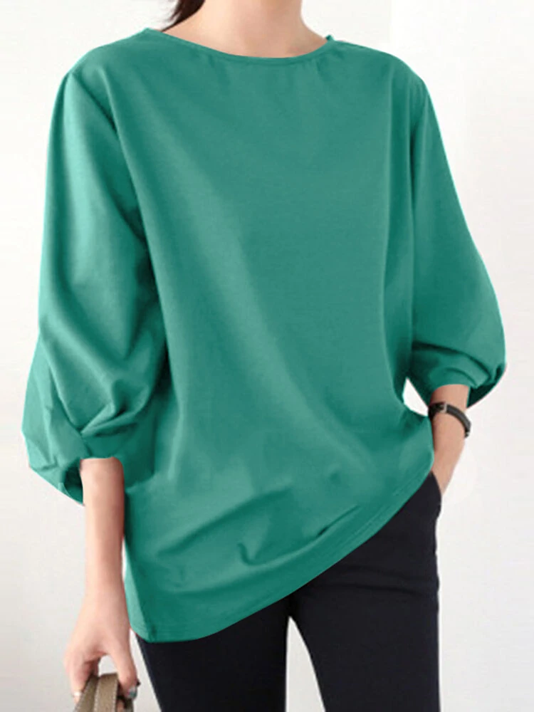 Solid crew neck loose 3/4 sleeve casual blouse