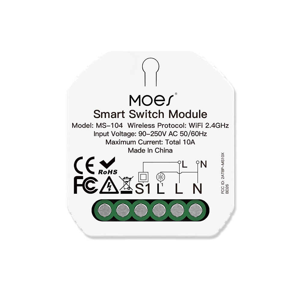 MoesHouse MS-104N Smart Wifi Switch Module Aan/Uit Relais App Afstandsbediening 1 Gang 2-Weg Tuya Sm