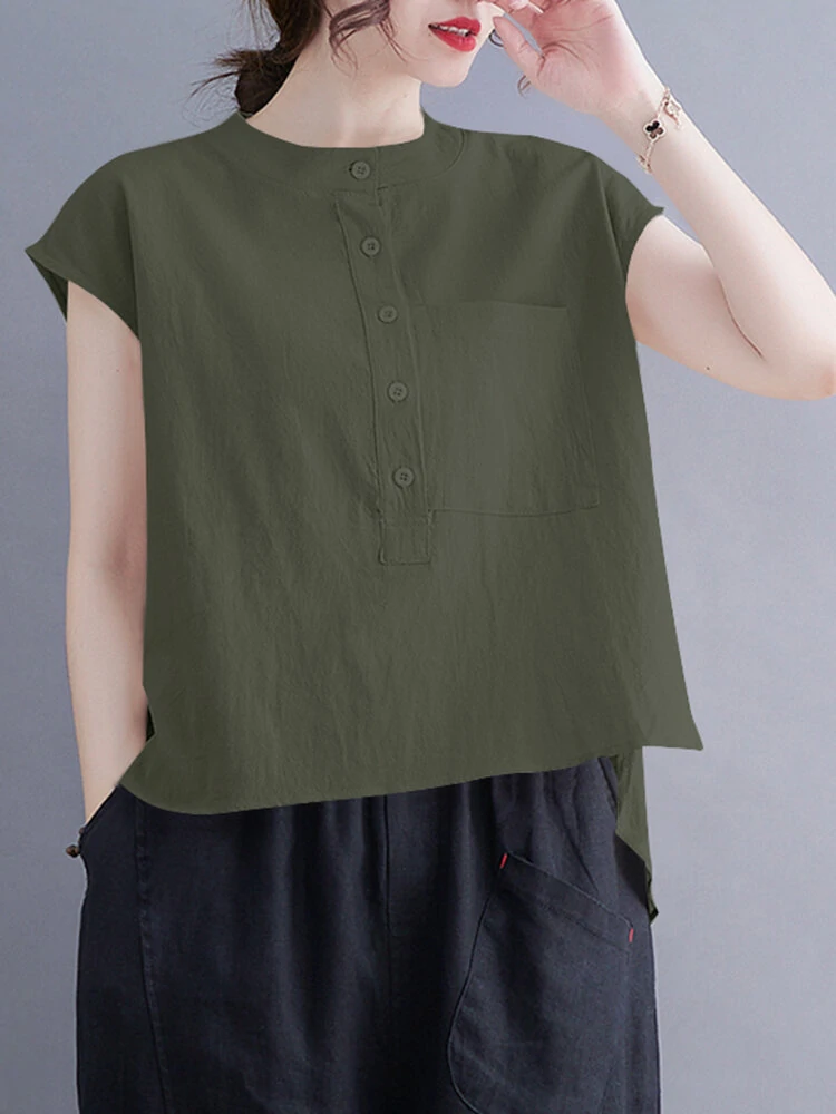 Cotton solid button pocket high-low hem short sleeve blouse