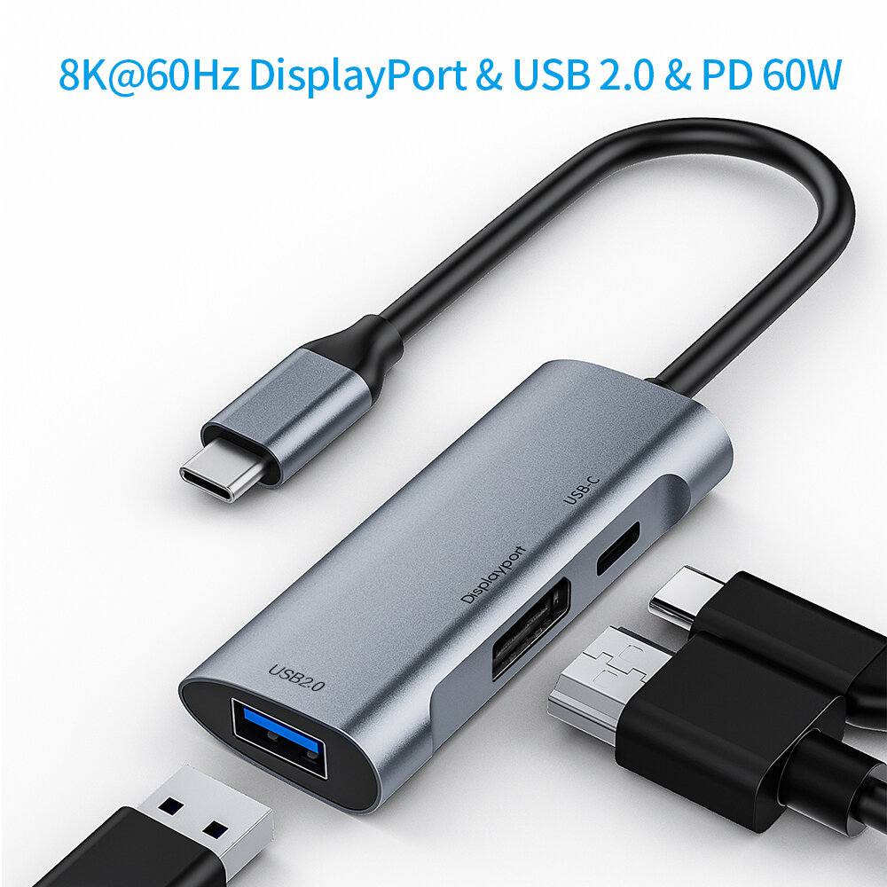 

Bakeey 3-In-1 Type-C HUB Docking Station Adapter With 4K@60Hz DisplayPort / PD 60W / USB 2.0 Fast Charging For iPhone 12