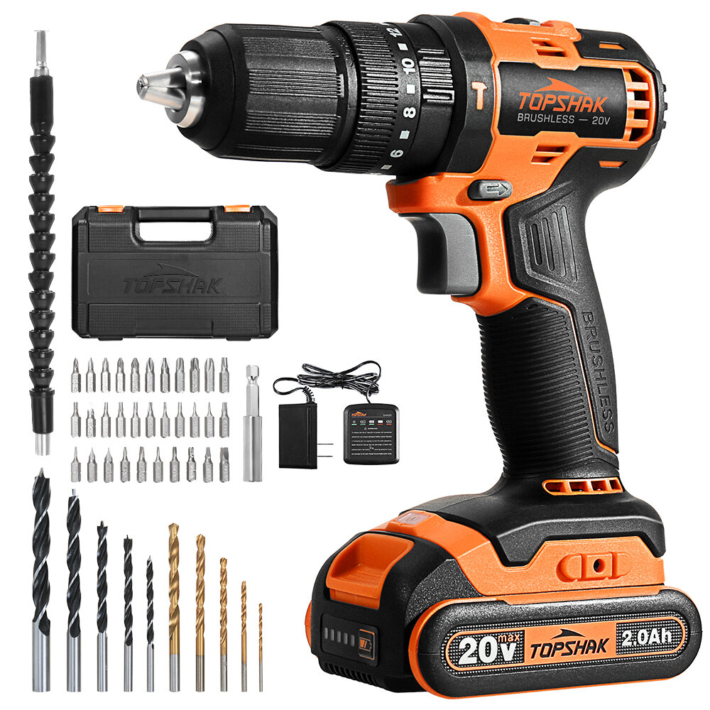 TOPSHAK TS-ED5 20V 13mm Brushless Impact Electric Drill 45N.m Torque 0-1650RPM Variable Speed W/1pc 
