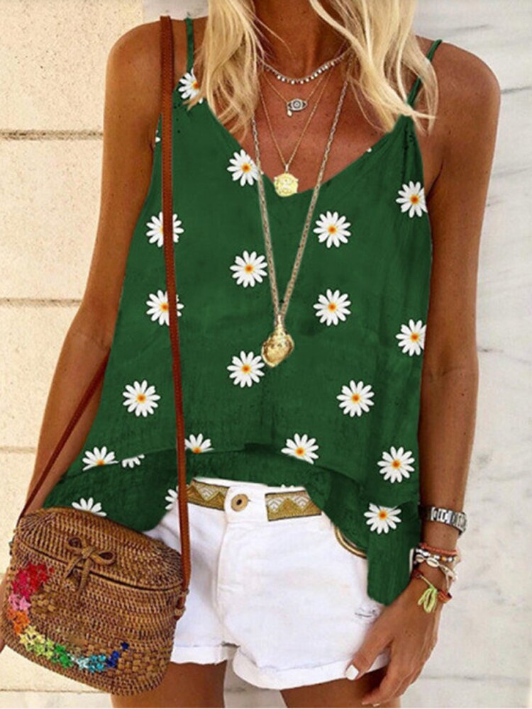 

Daisy Floral Print Sleeveless Straps Summer Casual Tank Tops