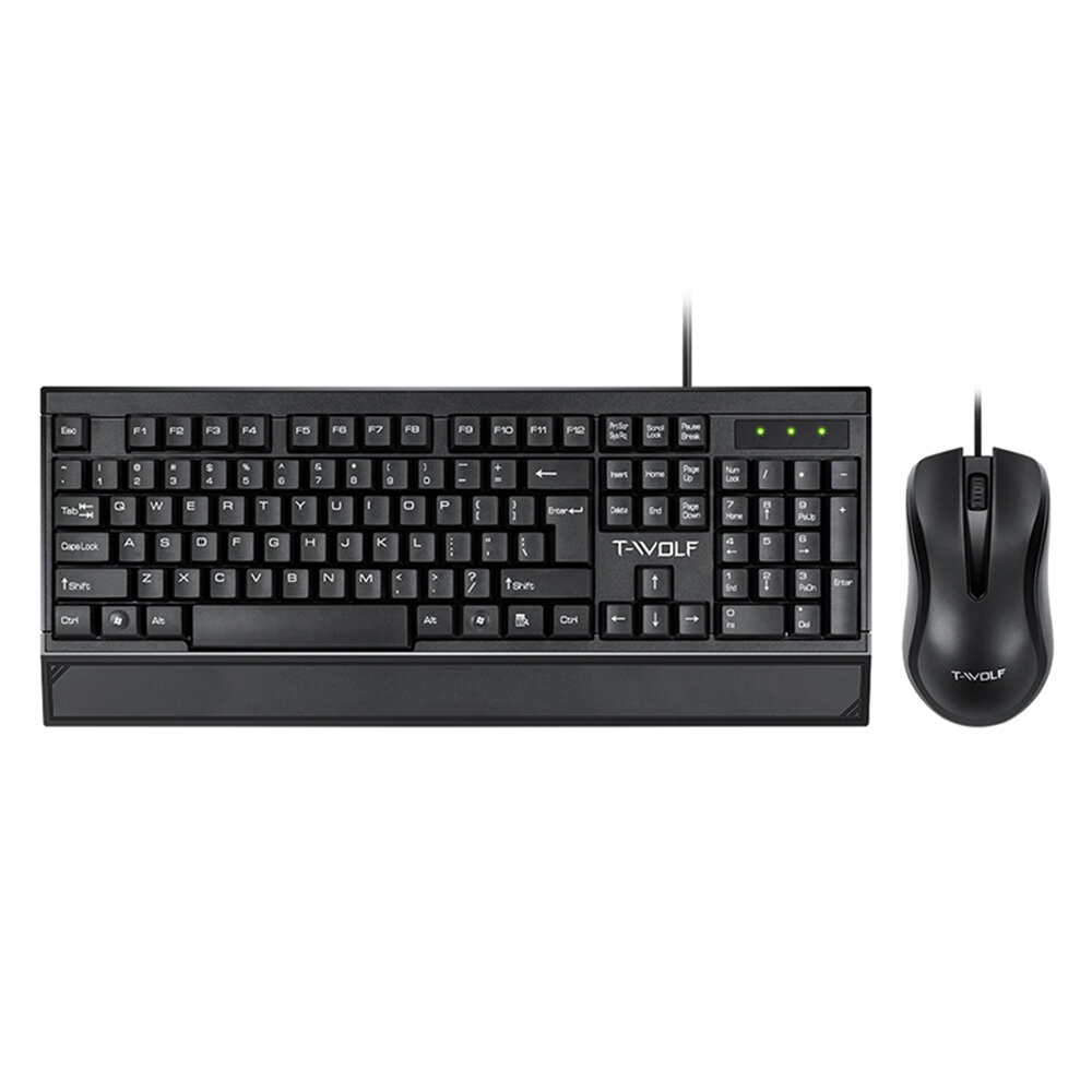 T-WOLF TF300 Wired Keyboard Mouse Combo 104-Key Waterproof Ergonomic Hand Rest Keyboard Silent Buttons 1000DPI Optical M