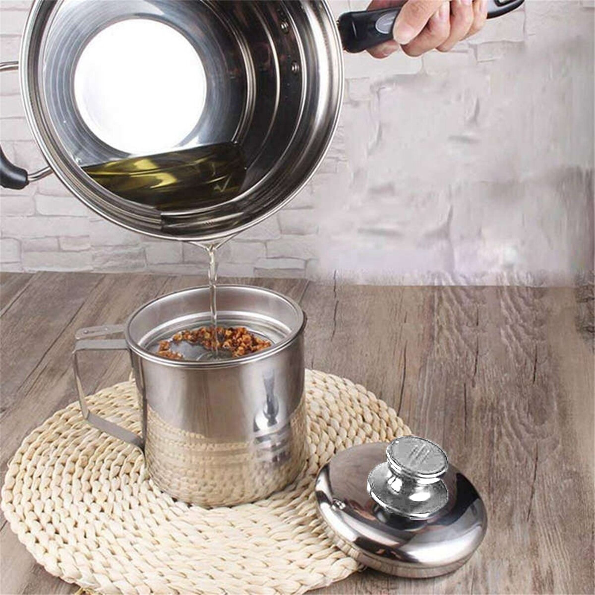 

1.3L Stainless steel Household Dripping Oil Pot Grease Lid Filter Container Bottle Cooking AU for Kitchen Tool