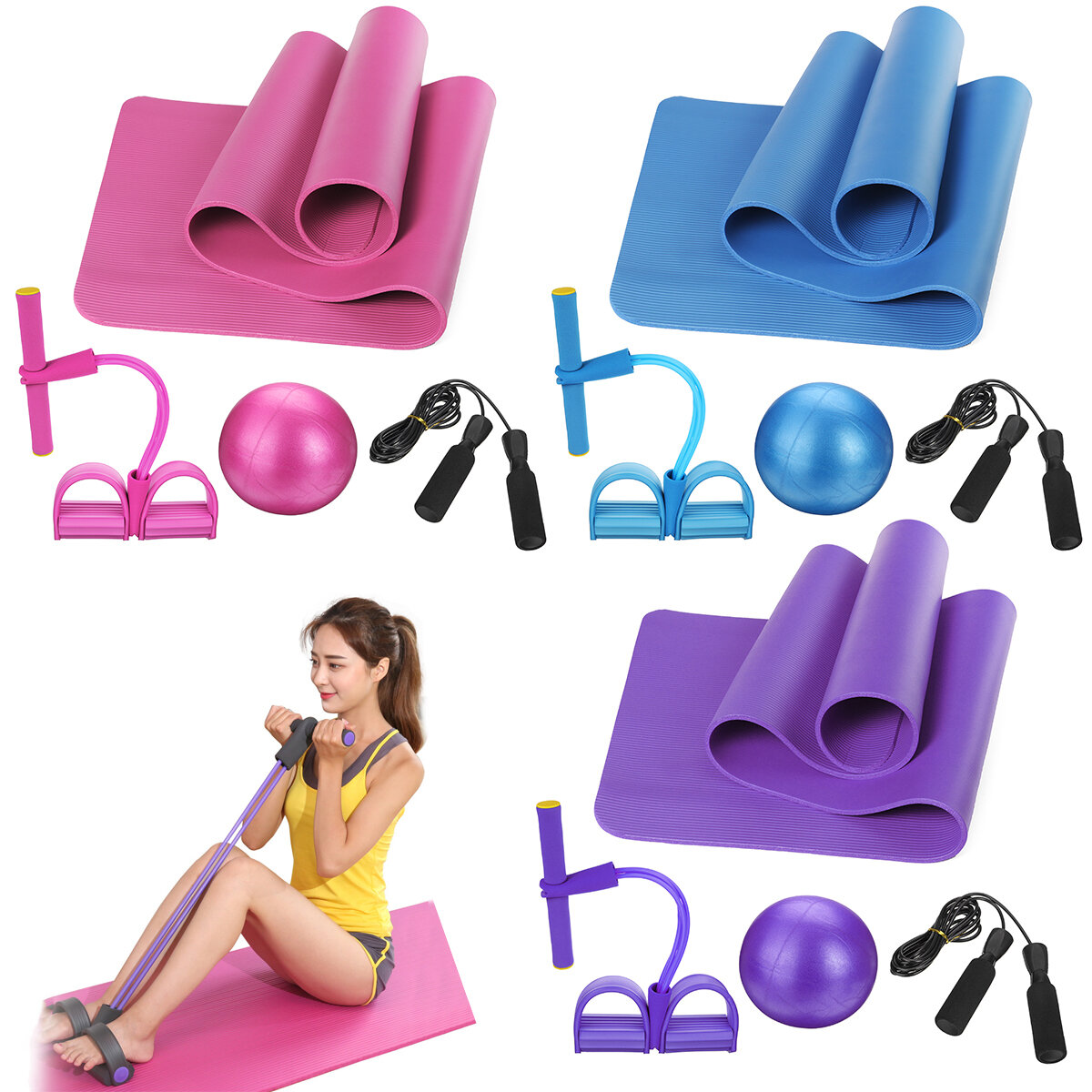 4PCS Yoga Beginner Kit Set Anti-skid Pilates Ball + Jump Rope + Resistance Band + Yoga Mats Home Fit