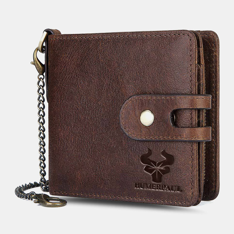 Men Genuine Leather RFID Anti-theft Multi-card Slot Card Holder Coin Purse Money Clip Chain Wallet