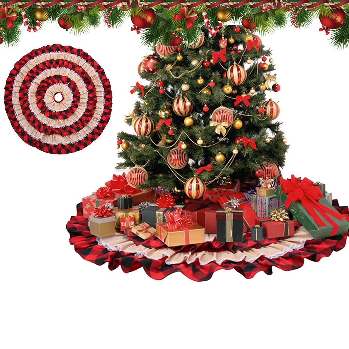 

Юбки для рождественской елки, красный кружевной ковер в клетку, круглый льняной фартук, новогоднее одеяло, украшение для