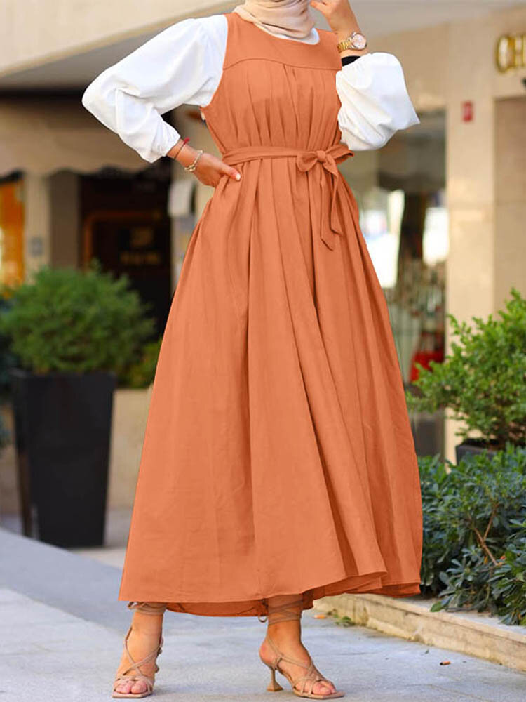 Dames mouwloze effen kleur riem A-lijn casual losse slip maxi-jurk