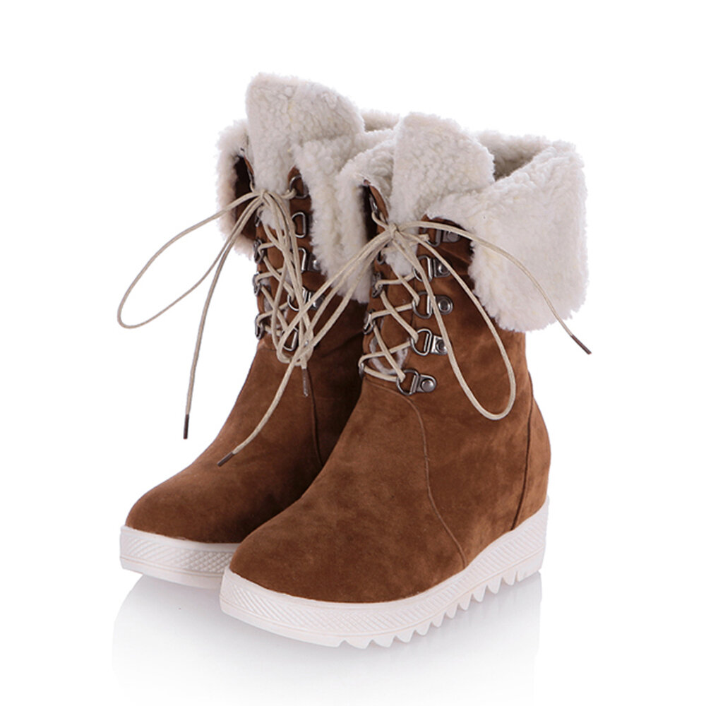 50% OFF on Women Casual Warm Fluff Flanging Lace Up Mid-Calf Snow Cotton Boots