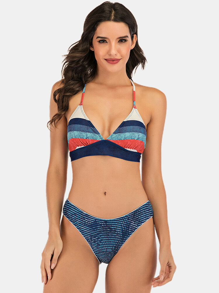 Image of Frauen mehrfarbiger gestreifter Dreieck rckenfreier Badeanzug Bikini