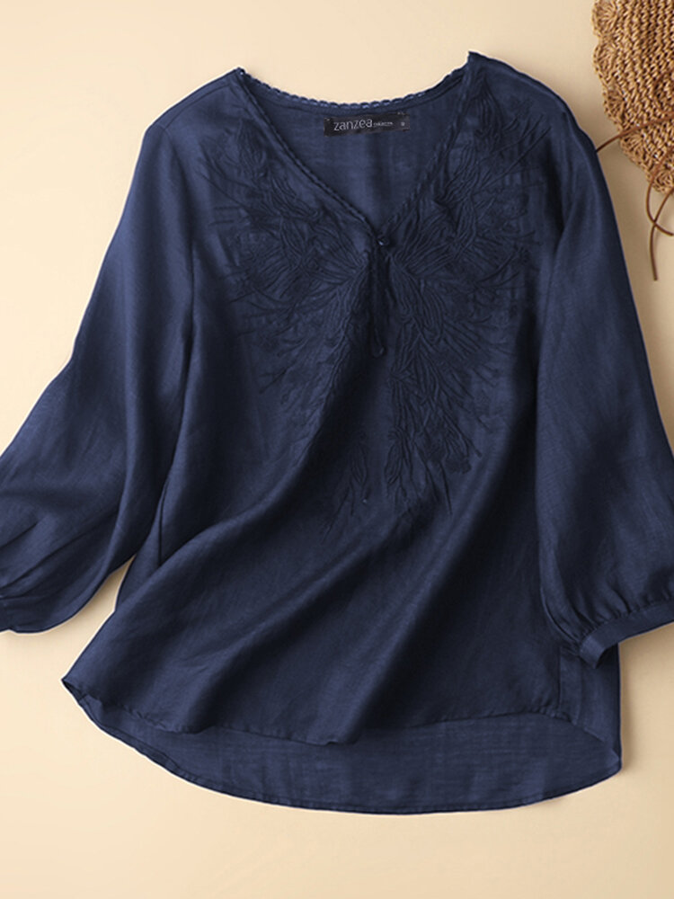 Plant Embroidery Long Sleeve V Neck Casual Blouse