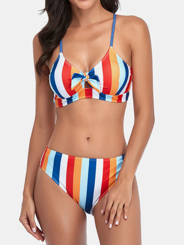 

Women Stripe Print Spaghetti Straps Knotted Hawaii Bikini Swimsuit