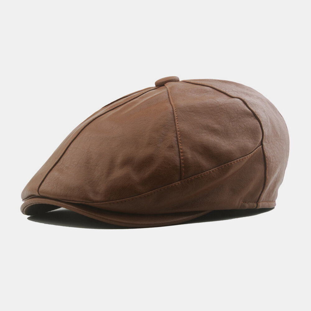 Men Faux Leather Retro Patchwork Newsboy Hat Forward Hat Beret Hat