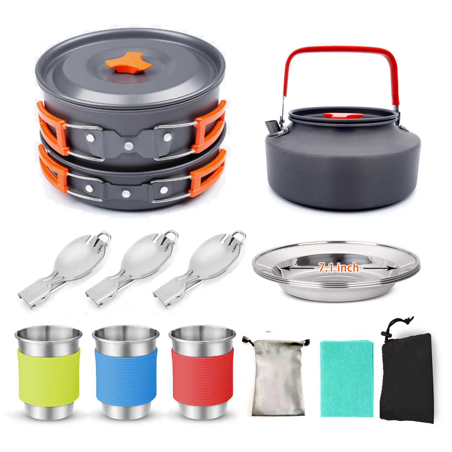 Barbhorse Outdoor Picnic Tableware Camping Pot Trekking Stove Pieces Set Pot + Plates + Kettle + Cups + Forks Cooking Frying Tools