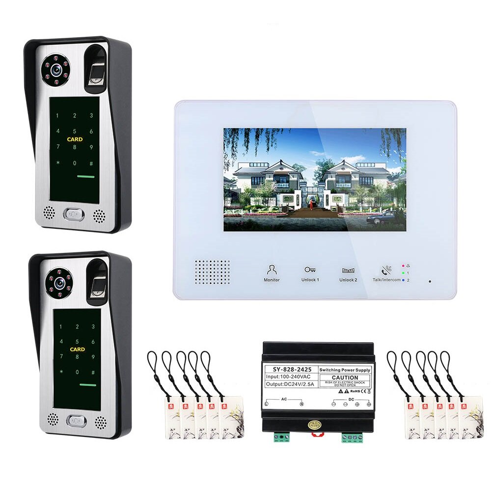 

ENNIO SY828F2JRW21 7 Inch BUS 2 Wire Fingerprint Video Door Phone Intercom Systems for Home 2-doorbell Camera 1-monitor