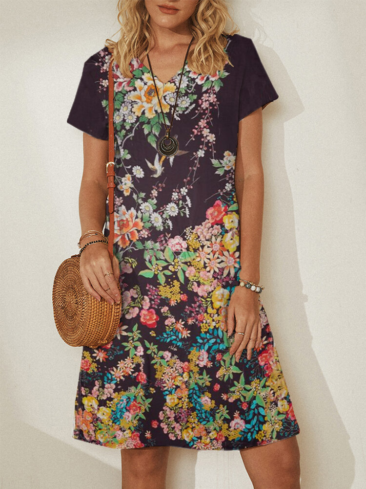 Floral Print Patchwork Short Sleeve Plus Size Midi Dress for Women