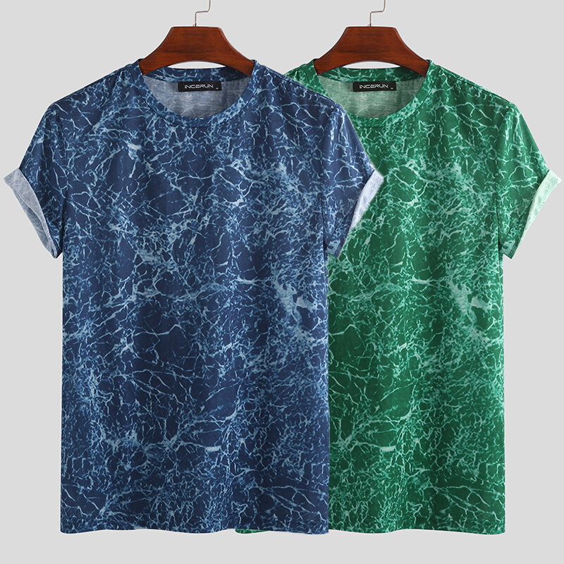 men marble pattern print short sleeve t-shirts at Banggood