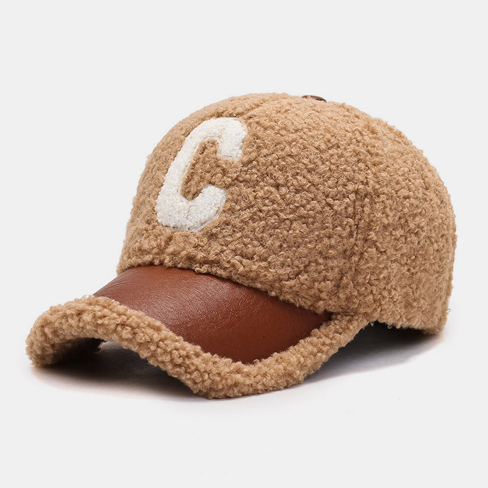 Men Baseball Cap Plush PU Patchwork C Letter Pattern Outdoor Warmth Fashion Ivy Driving Hat for Wome