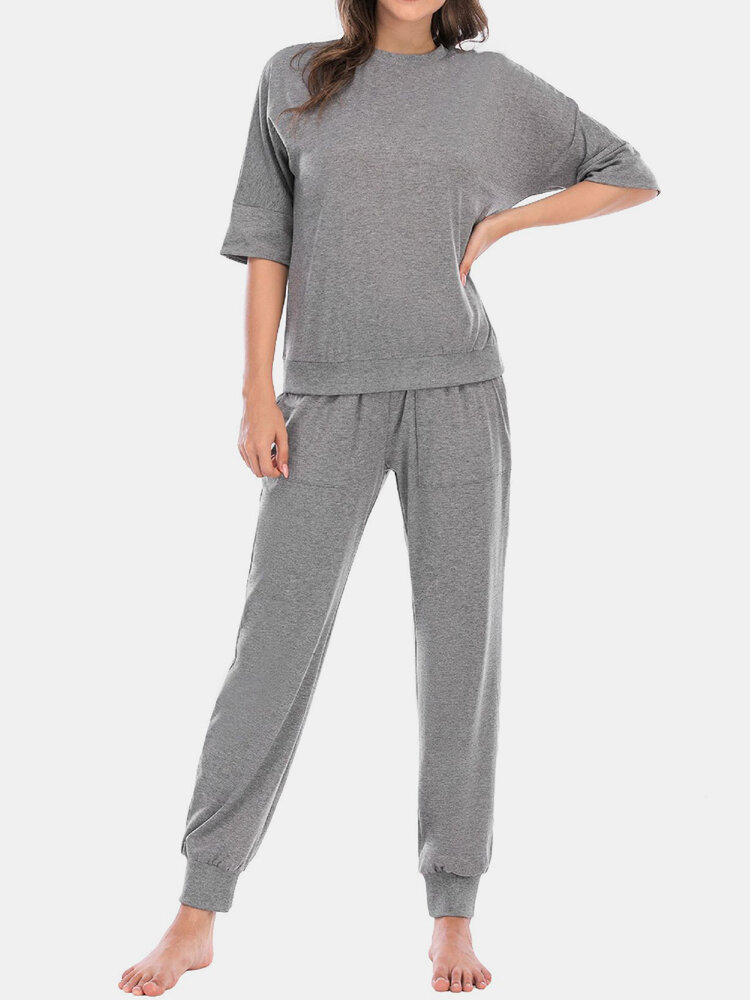 Vrouwen effen kleur comfortabele casual 3/4 mouw top en lange panty pyjama sets