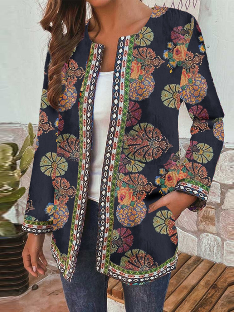 Women 100% Cotton Bohemian Leisure Flowers Contrast Color Side Pockets Coat