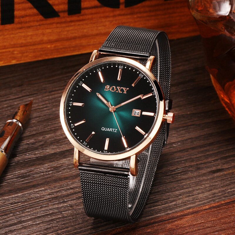 6 Colors Stainless Steel Alloy Men Business Casual Pin Buckle Round-shaped Quartz Watches