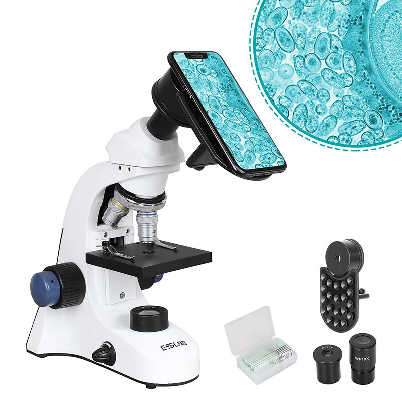 [US Direct] ESSLNB ES1040 Mikroskop pre juniorských študentov dospelých 40X-1000X so šmykom LED priehľadným a svetlom koaxiálnym hrubým a jemným pohonom všetko-optické sklo na batérie a sieť