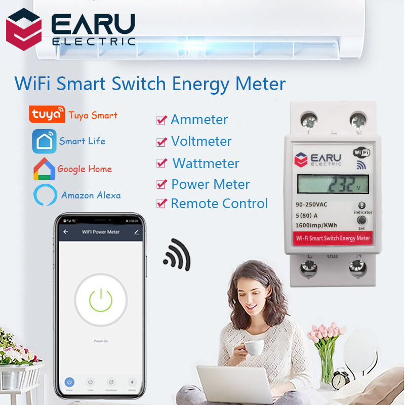 EARU Tuya WiFi Smart Switch Power Energy Meter Consumption kWh Voltmeter 90-250V Din Rail Remote Control Switch Works Wi