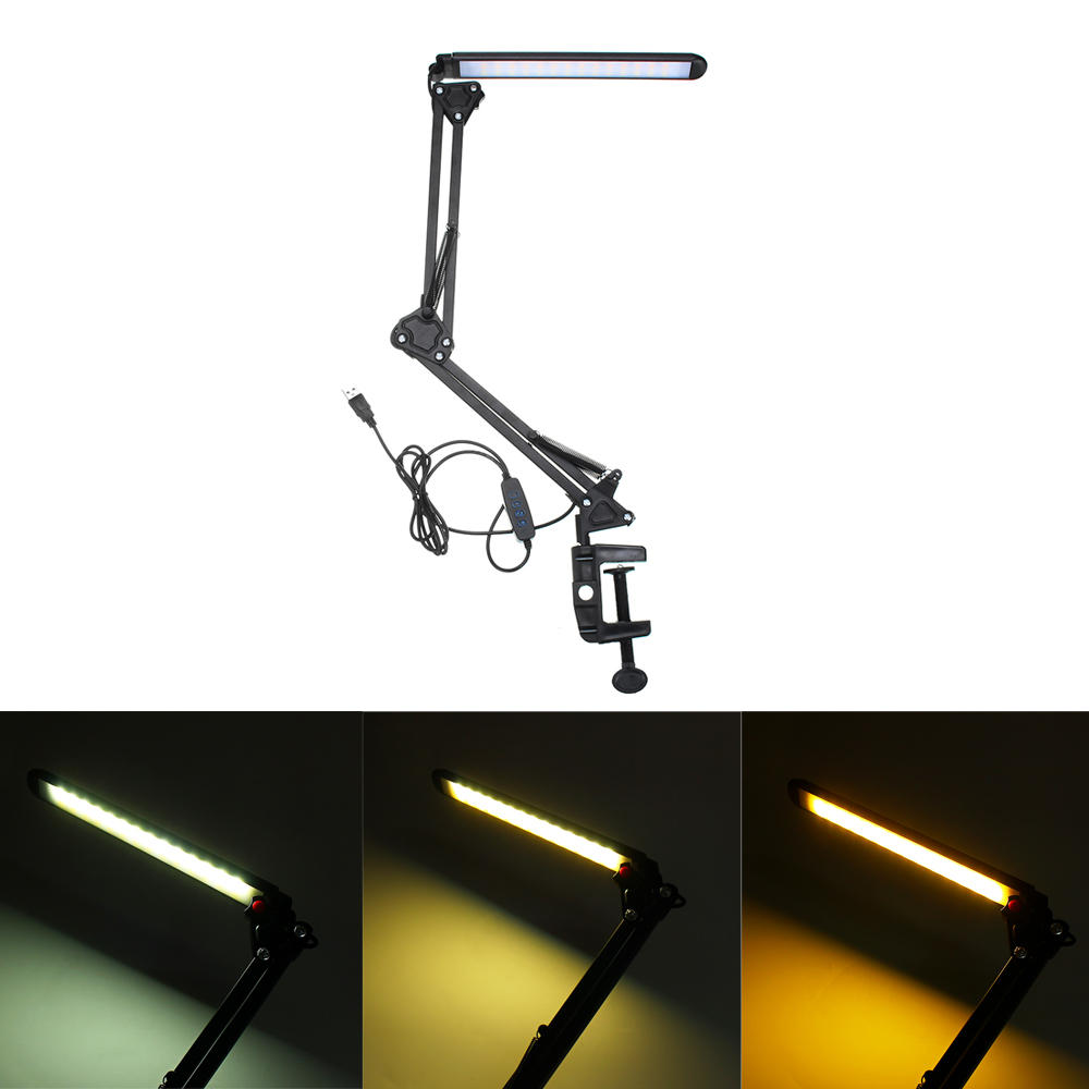 6W Flexible Long Arm Clip Dimmable USB Desk Table Lamp Three Color Modes Reading Light DC5V