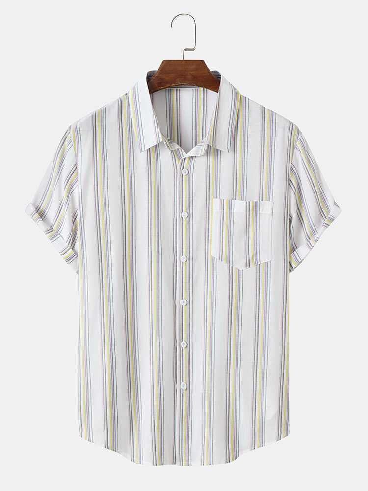 Mens Striped Chest Pocket Lapel Daily Short Sleeve Shirts