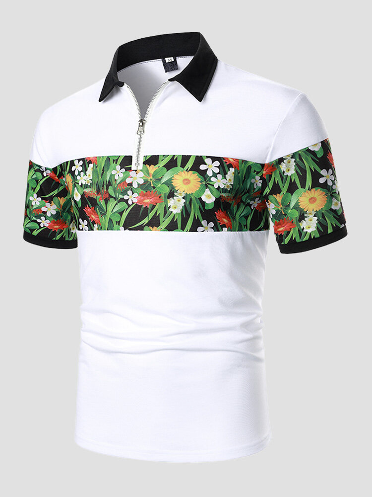 Men Floral Patchwork Fit Front Zipper Soft Formal Business Polos Shirts