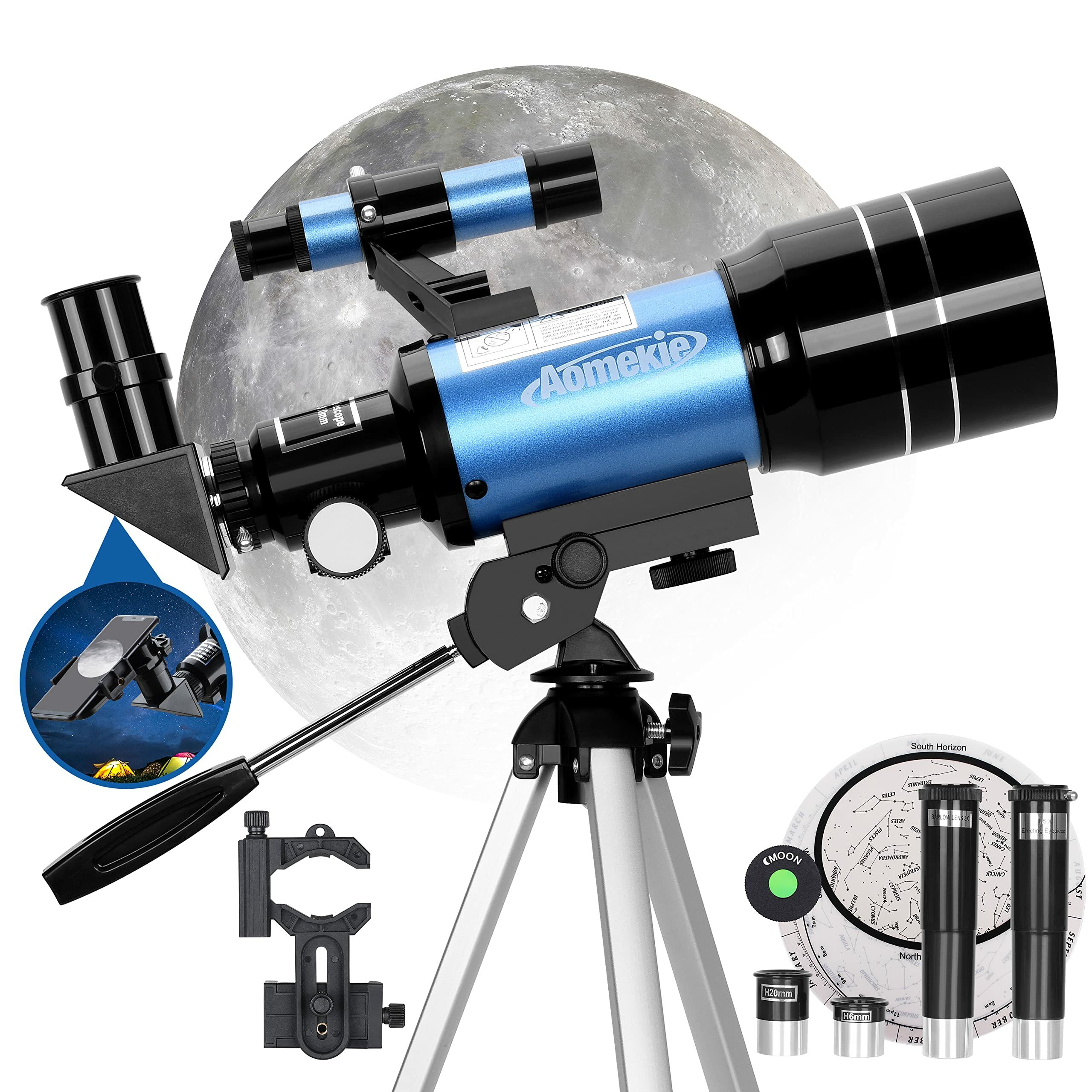 [US Direct] Teleskop astronomiczny AOMEKIE AO2001 70mm dla dzieci 150X Potężny teleskop astronomiczny z adapterem do smartfona,statywem,soczewką Barlowa i wyszukiwaczem dla początkujących i pasjonatów