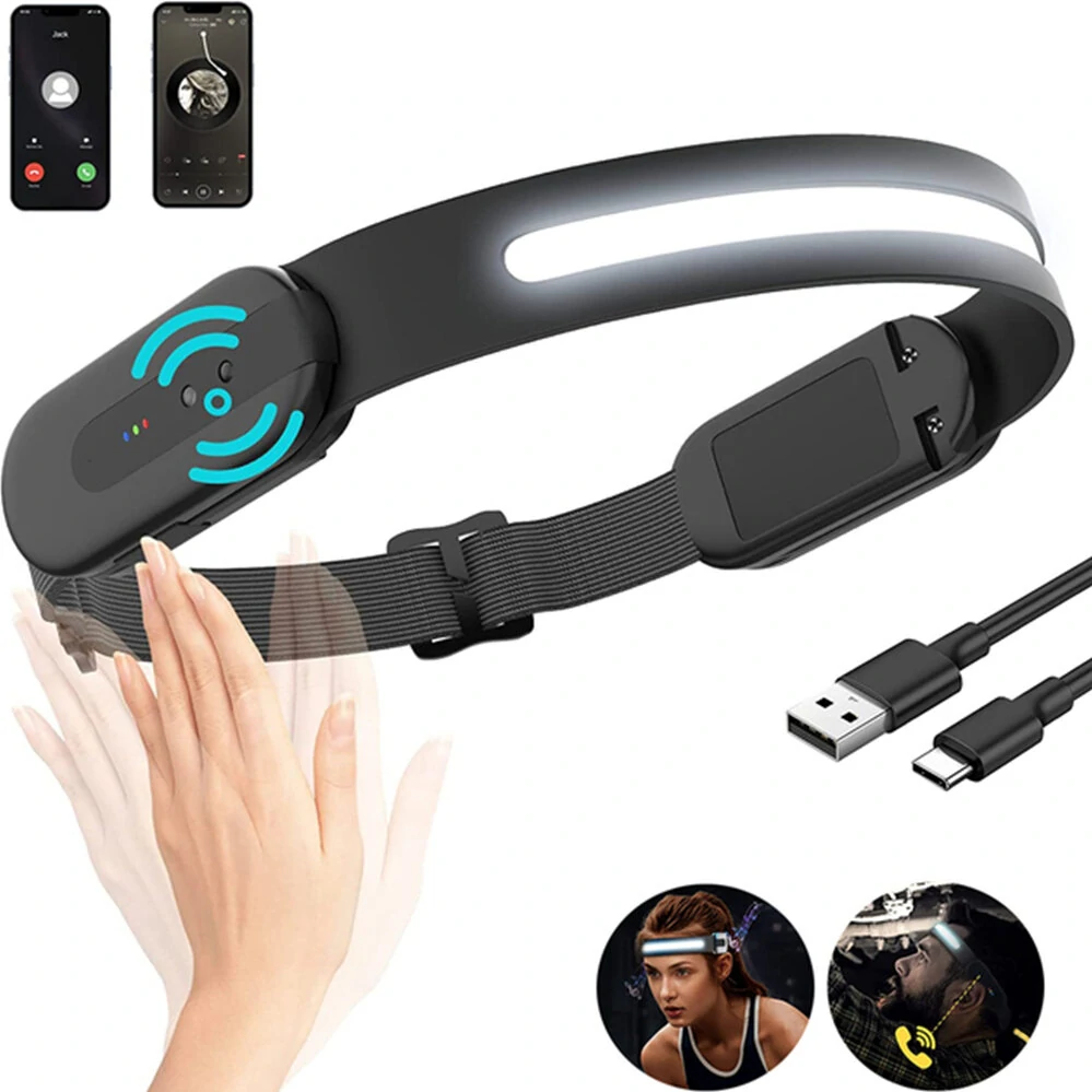 Smart bluetooth led headlamp usb rechargeable motion sensor headlamps with wireless music function