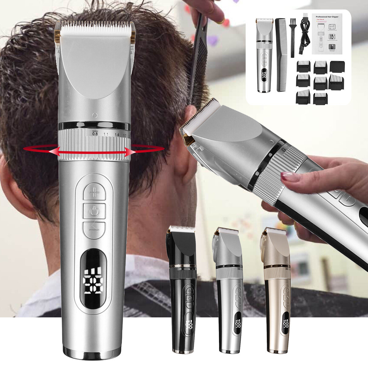 Electric Hair Clipper Set USB Charging 3-gear Modes Men Beard Trimmer Machine Low Noise LCD Display Electric Hair Clippe