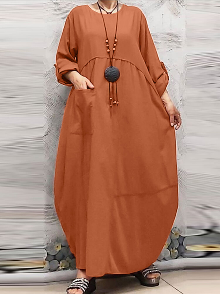 Dames Vintage effen kleur losse O-hals patchwork lange mouw maxi jurk met zak