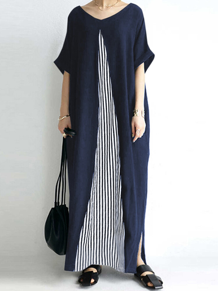 Pocket Short Sleeve Splicing Striped Color Block Maxi Dress
