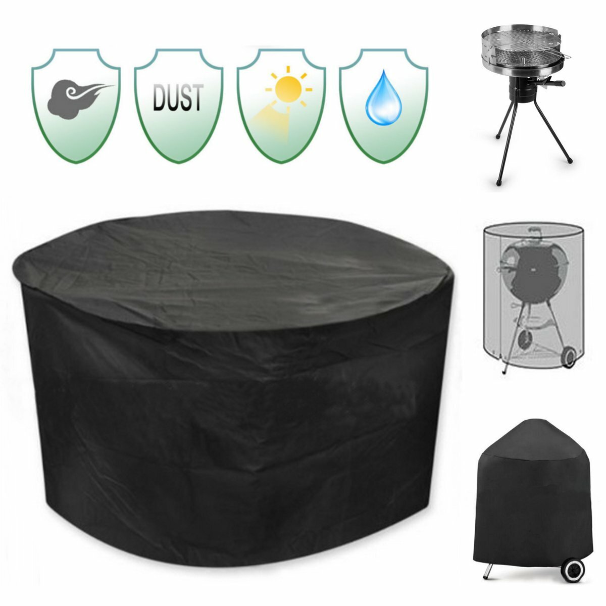 Vízálló UV-védő fedél egy 30 hüvelykes kerek teraszhálóhoz, székekhez, asztalhoz és menedékhez fekete színben