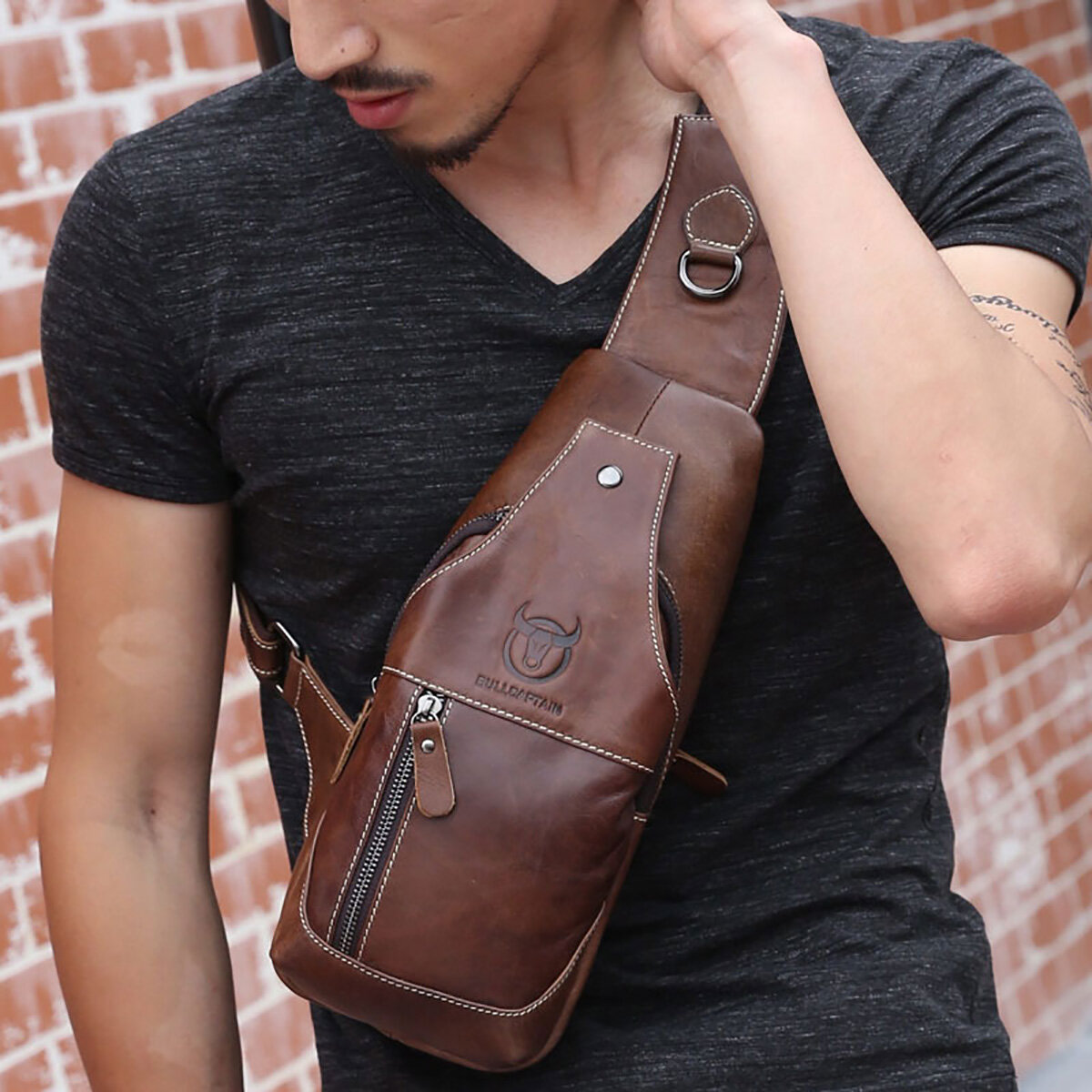 Bullcaptain Men Genuine Leather Wear Resisting Textured Business Casual Brown Black Chest Bag Shoulder Crossbody Bag
