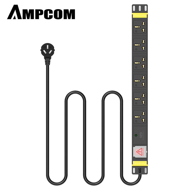 AMPCOM PDU Cabinet Power Socket 6-bit 10A Switch + Flashing Protection Multi-purpose Hole 3 Meters