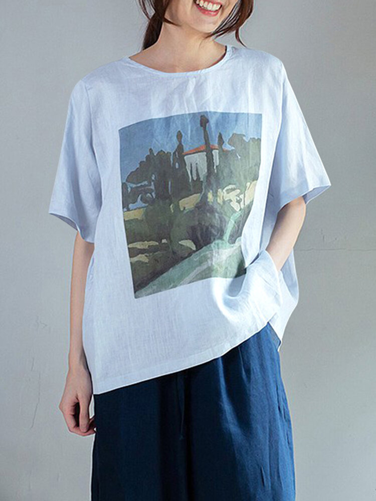 Landscape Print Round Neck Short Sleeve Cotton Loose Casual T-Shirt