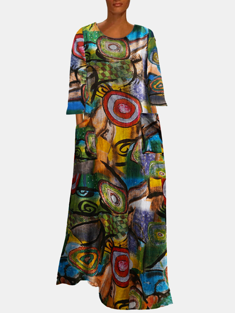 Meerkleurige vintage maxi-jurk met lange mouwen en etnische print voor dames