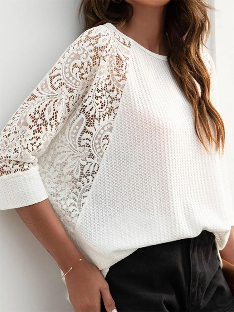 Solid Lace Patchwork Hollow Out Raglan Sleeve T-Shirt
