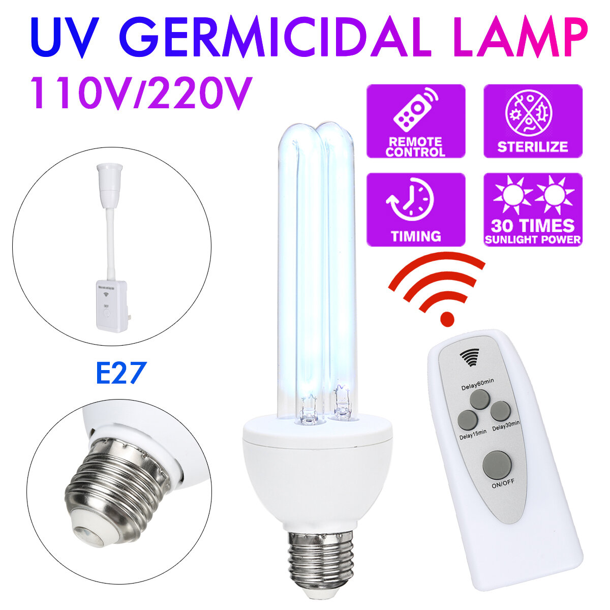 

20W UV Sterilizer Lamp 254nm E27 UVC LED Bulb Disinfection Light with Remote Control for Home Indoor 110V/220V