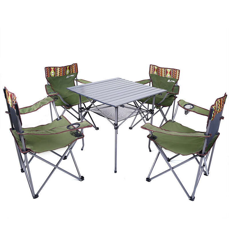เวอร์ชันยาวของชุดโต๊ะเก้าอี้แคมป์ Hewolf 5 PCS โต๊ะพับ เก้าอี้พกพาที่สะดวกสบายและโต๊ะสำหรับปิกนิกสำหรับใช้กลางแจ้งชายหาดและการเดินทาง