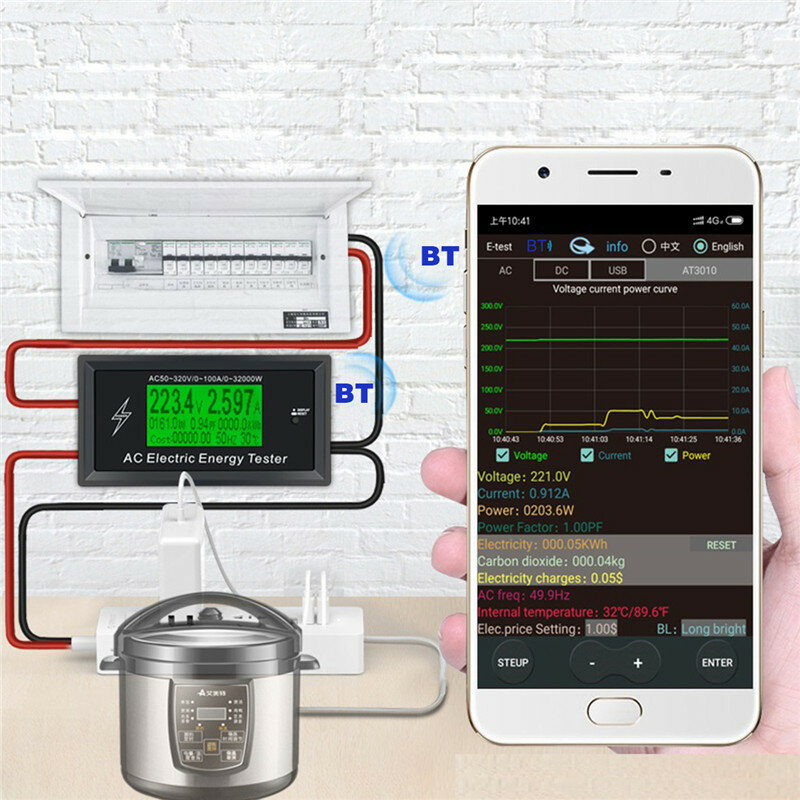 AT3010 AC50~320V 100A 3KKWPhone App AC Meters Digital Voltage Meters indicator Power Energy Meter Voltmeter Ammeter Cu