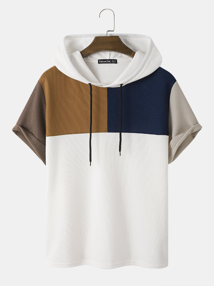 Mens Waffle Knit Color Block Hooded Patchwork Casual T-Shirts