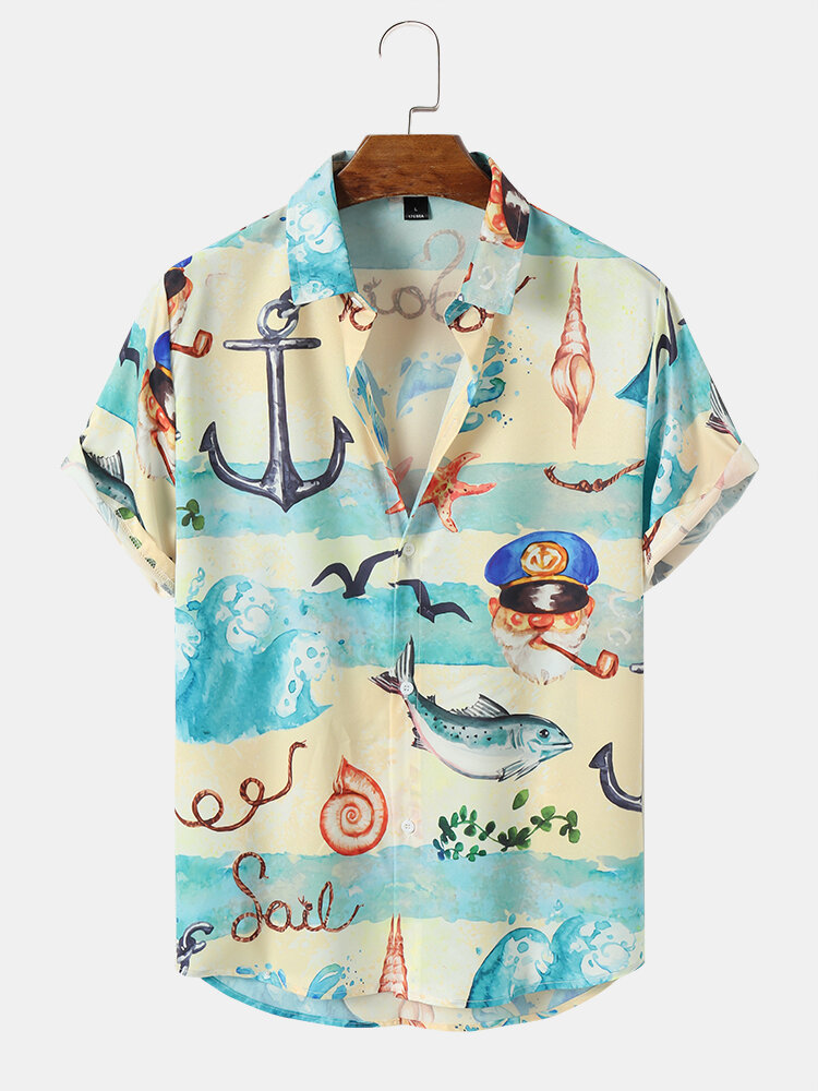 Men Seafood & Figure Print Lapel Collar Shirts