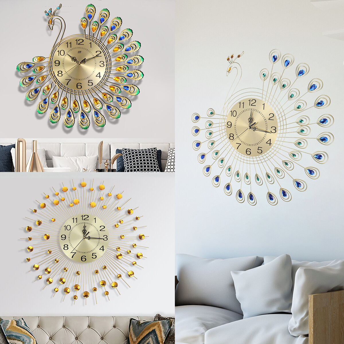 3D Wall ClockLarge Luxury DIY Flower Peacock Diamond Wall Clock Metal Modern Home Decor