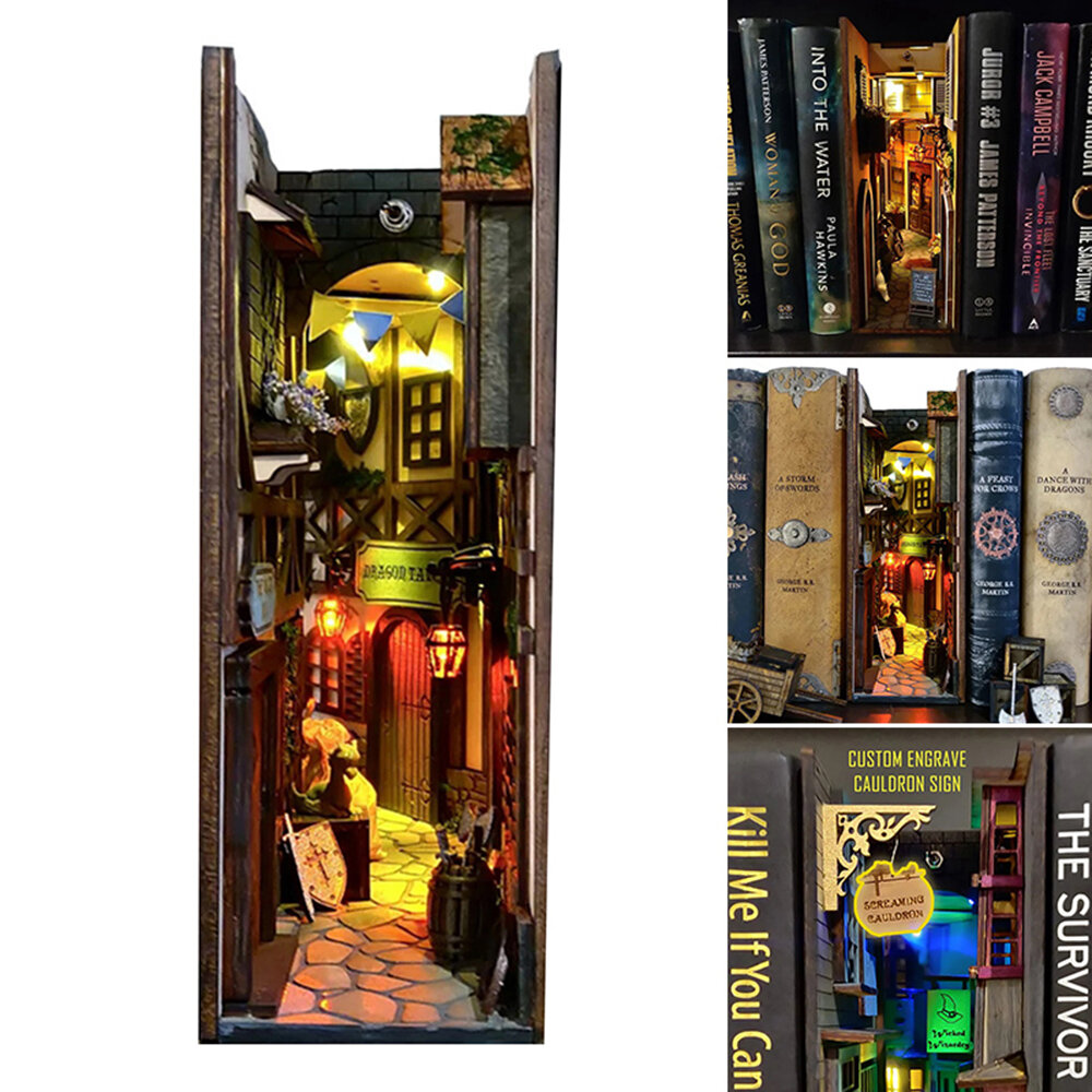 3D Book Stand Wooden Nook Shelf Insert Kits Bookends with Furniture Flower Building Model Bookshelf 