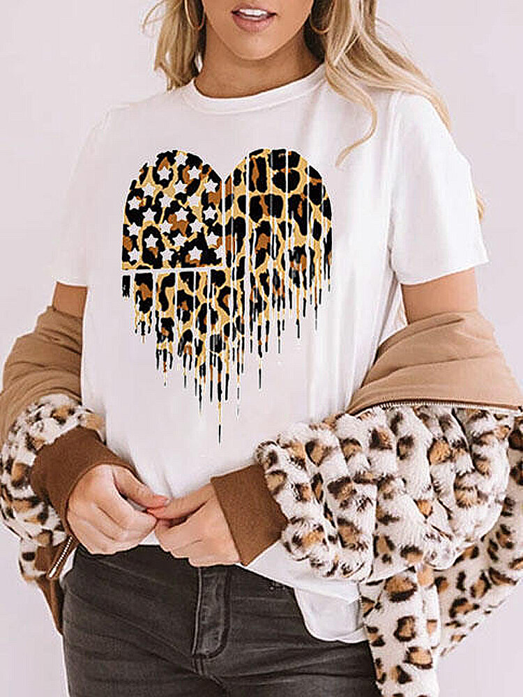 Leopard Star Print witte dagelijkse casual T-shirts met korte mouwen